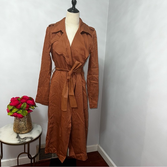 Badgley Mischka Faux Leather Trim Cedar Color Long Trench Coat - Duplicate - Picture 4 of 16